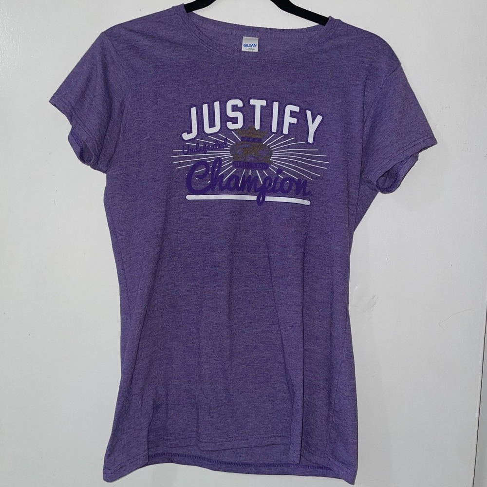 Justify Triple‎ Crown Undefeated Champion Purple Gildan Women's T-Shirt Sz L